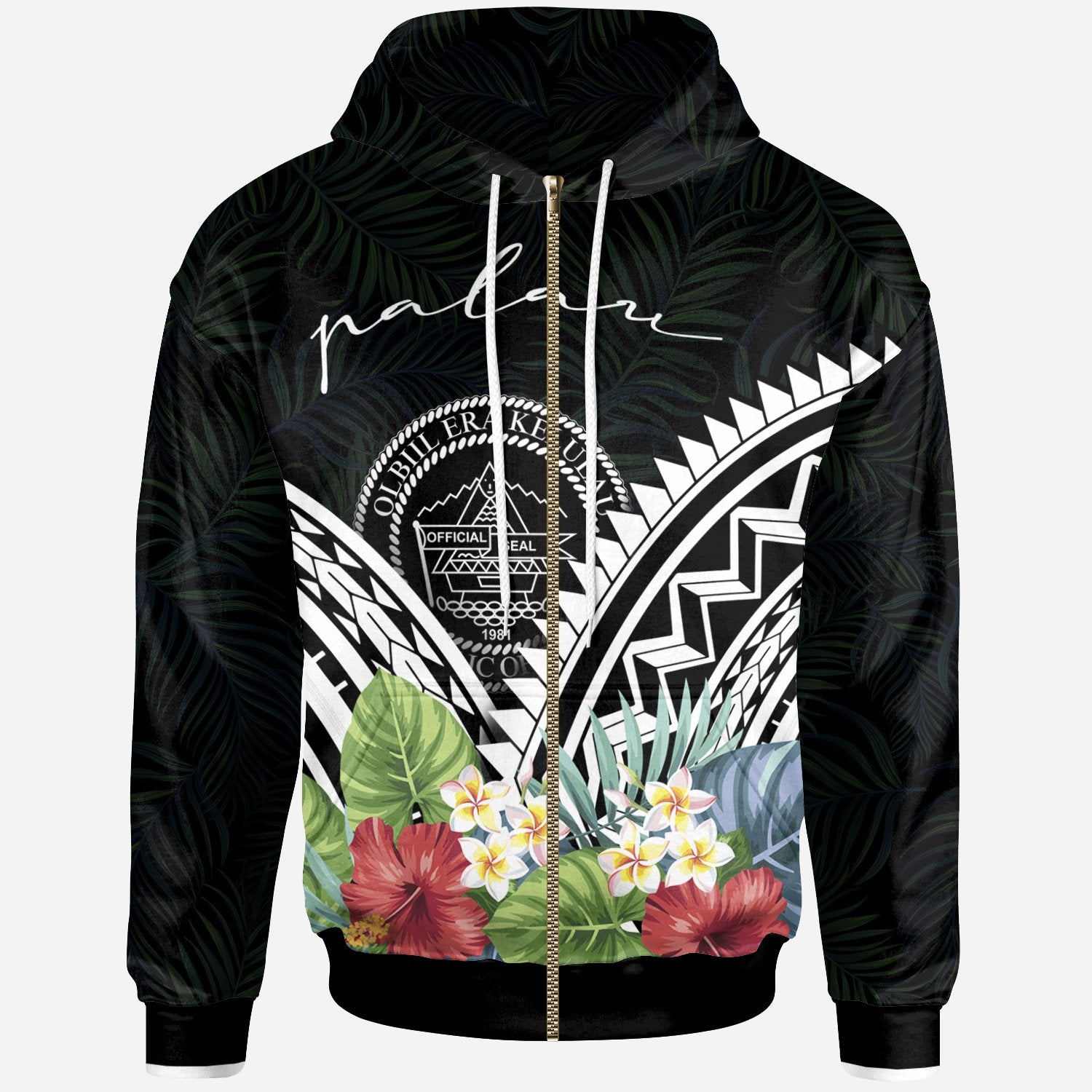 Palau Polynesian Zip up Hoodie Palau Coat of Arms & Polynesian Tropical Flowers White Unisex White - Polynesian Pride