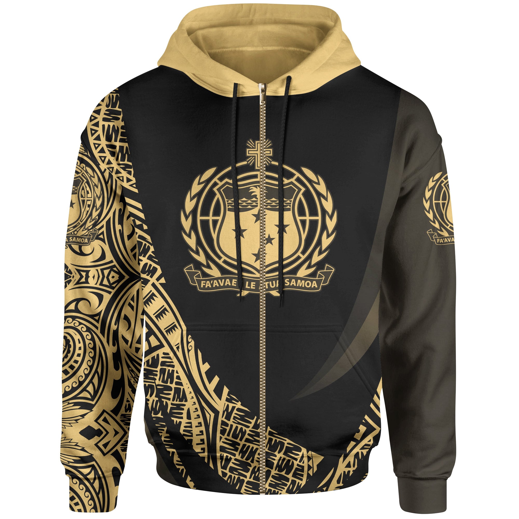 Samoa Zip Hoodie Gold Polynesian Patterns Sport Style Unisex Black - Polynesian Pride