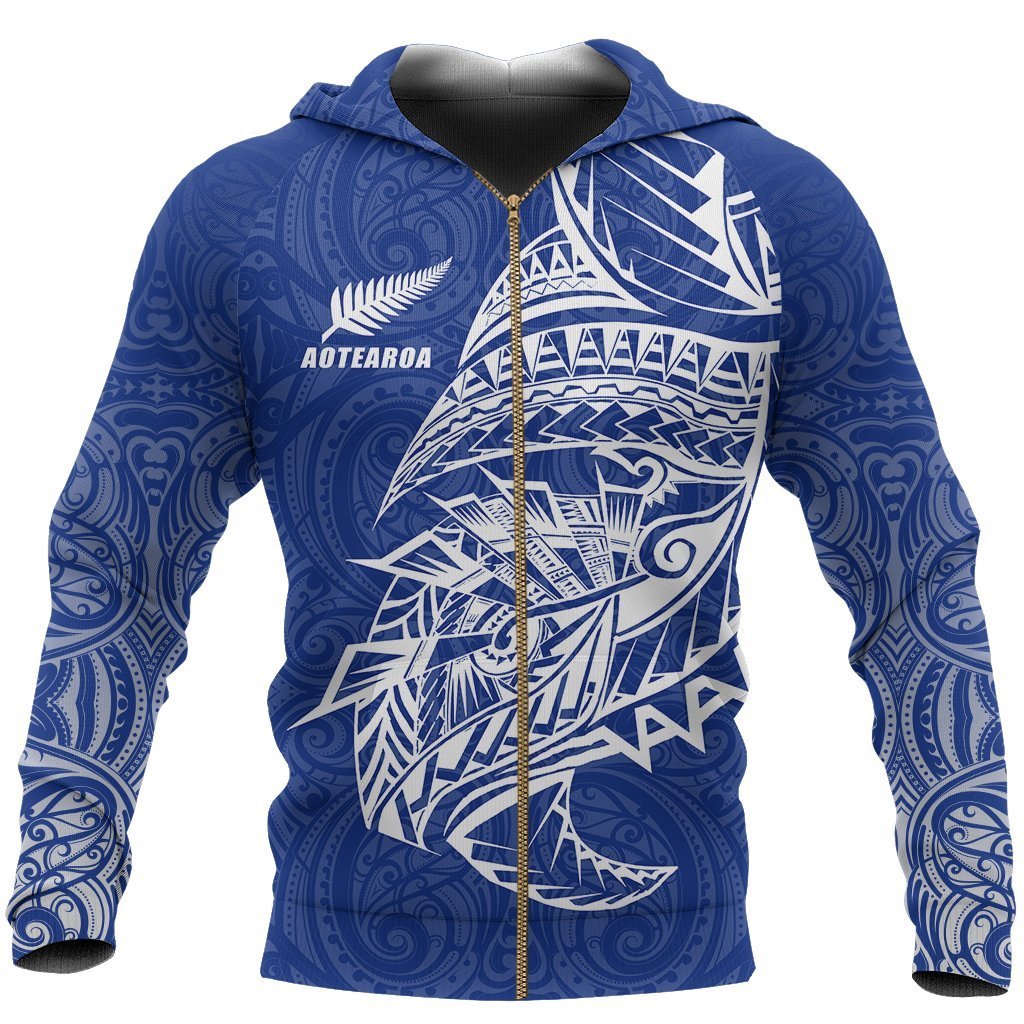 New Zealand Zip up Hoodie, Maori Tattoo Zipper Hoodie Polynesian Style Blue Unisex Black - Polynesian Pride