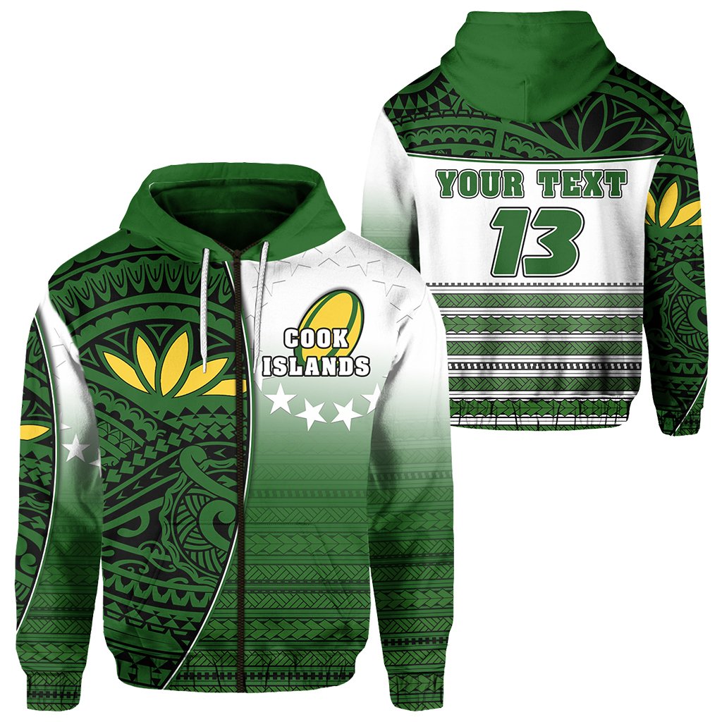 Custom Cook Islands Zip Hoodie Rugby Impressive Version Custom Text and Number Unisex Green - Polynesian Pride