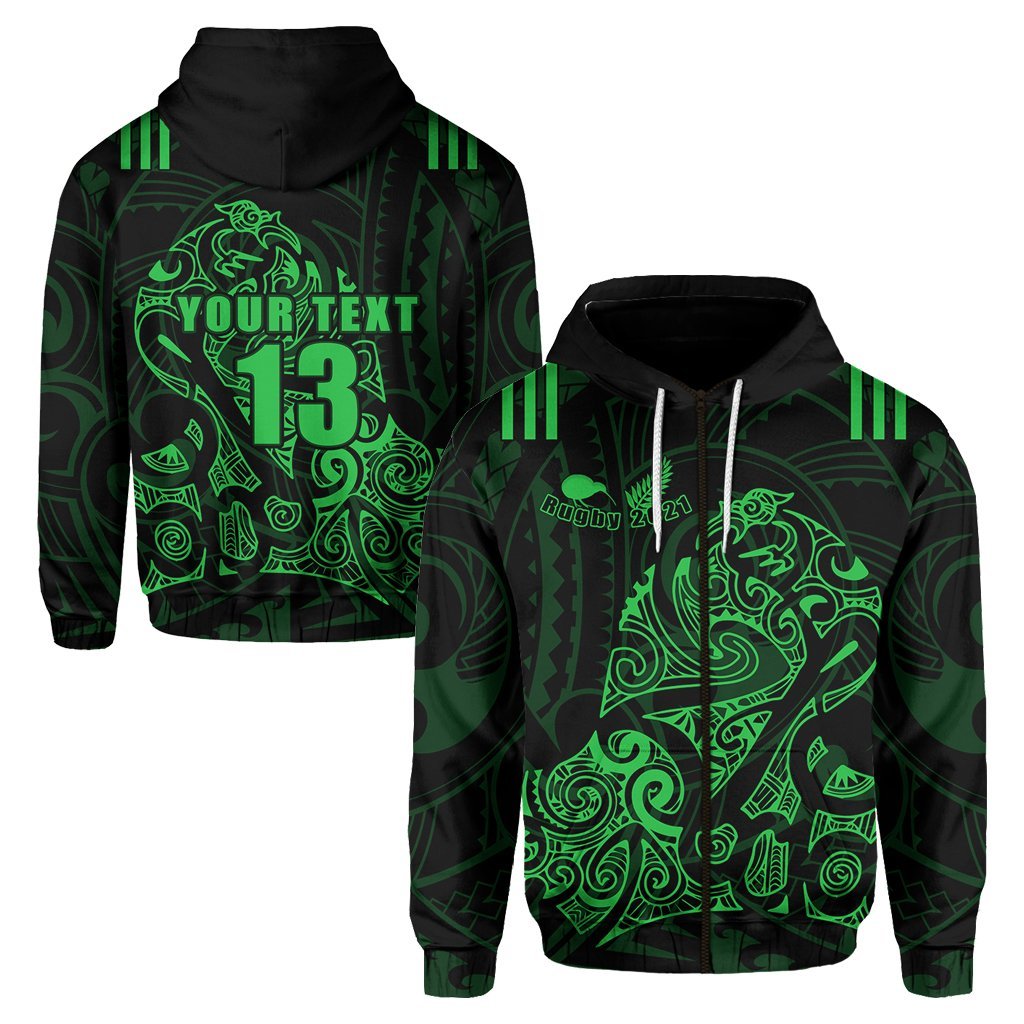 Custom Aotearoa Super Rugby Zip Hoodie Maori Kiwi Green Custom Text and Number Unisex Green - Polynesian Pride